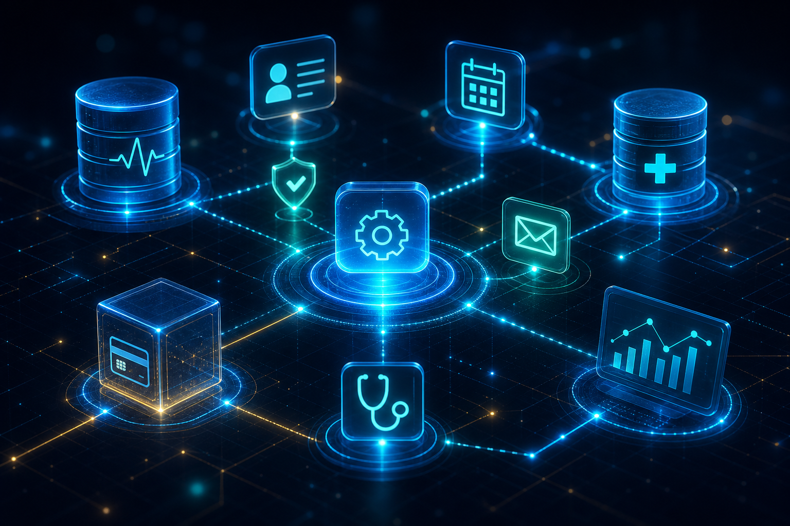 Visual de integrações, APIs e dados clínicos